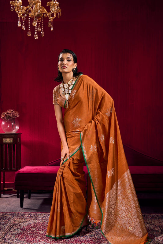 Rust Orange Linen Silk Saree for Women with Elegant Woven Border