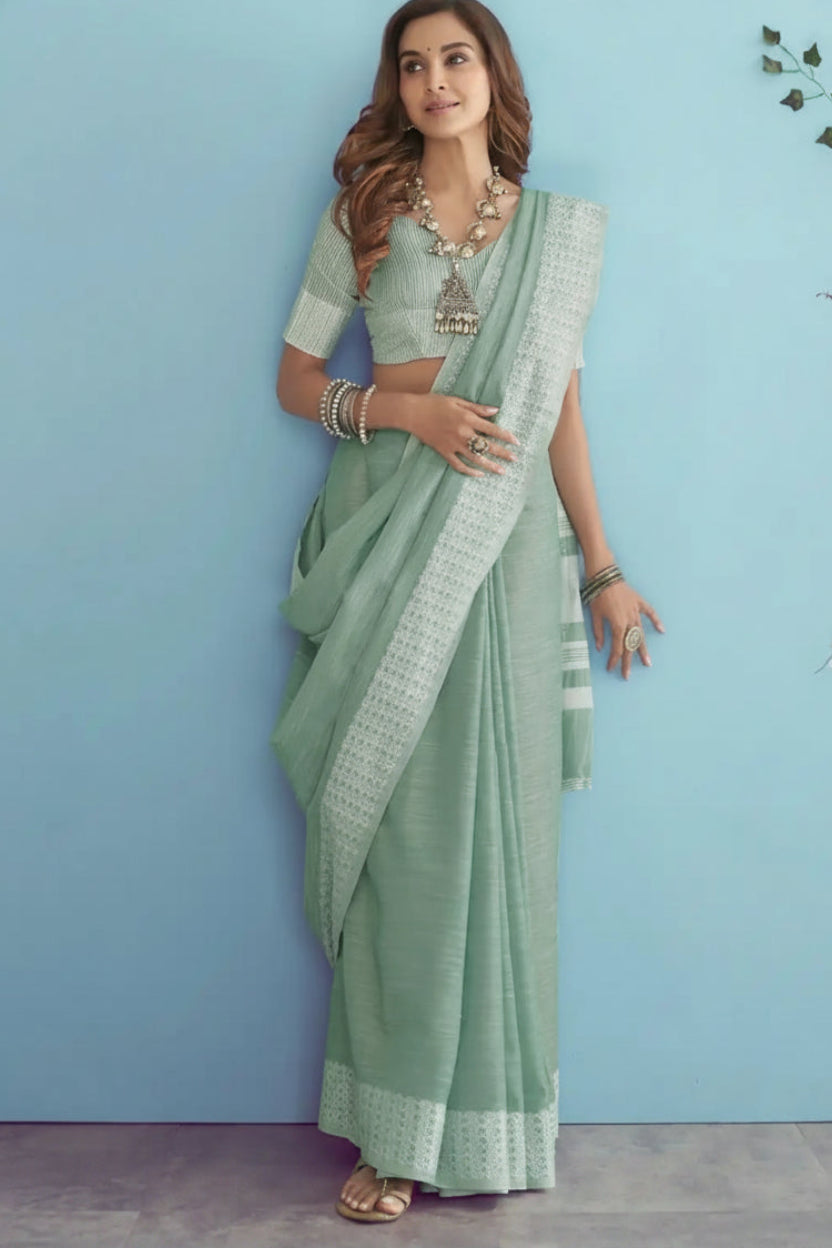 Sage Green Soft Linen Silk Saree with Chikankari Border