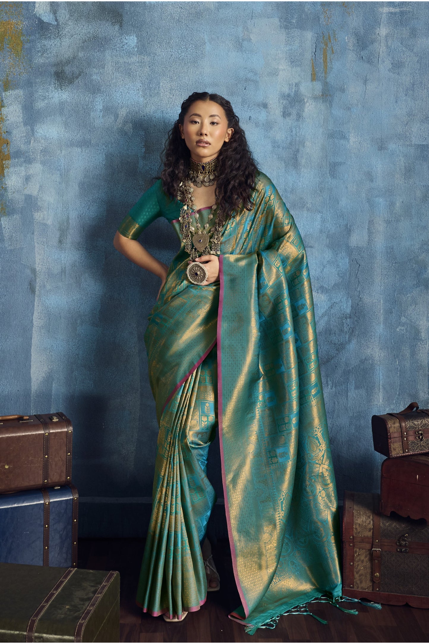 Teal Green Kanjivaram Silk Saree with Gold Zari Border
