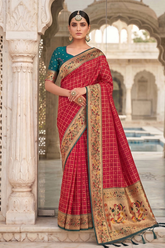 Wedding Red Banarasi Silk Saree with Meenakari Paithani Pallu and Rama Green Blouse
