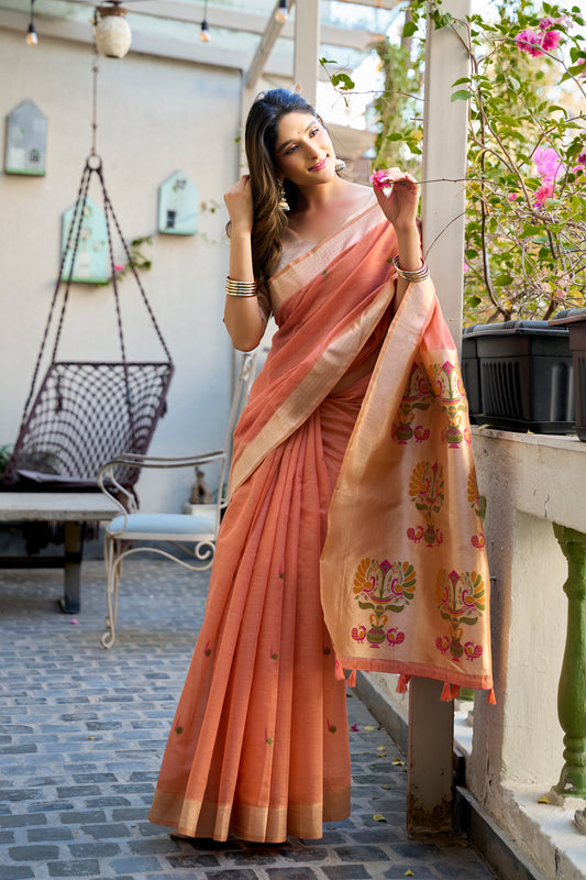 Peach Linen Silk Saree with Kalamkari Peacock Pallu