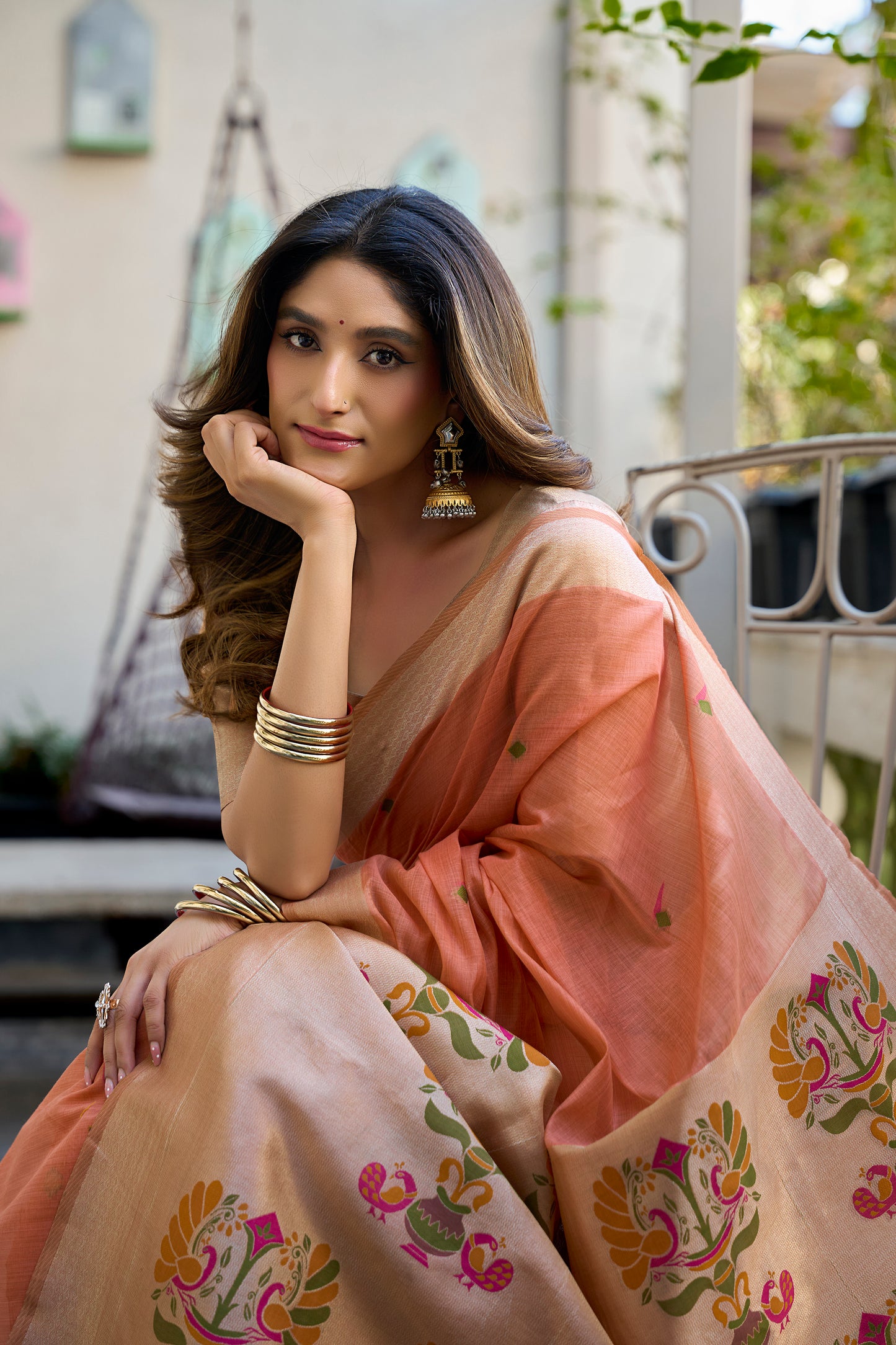Peach Linen Silk Saree with Kalamkari Peacock Pallu