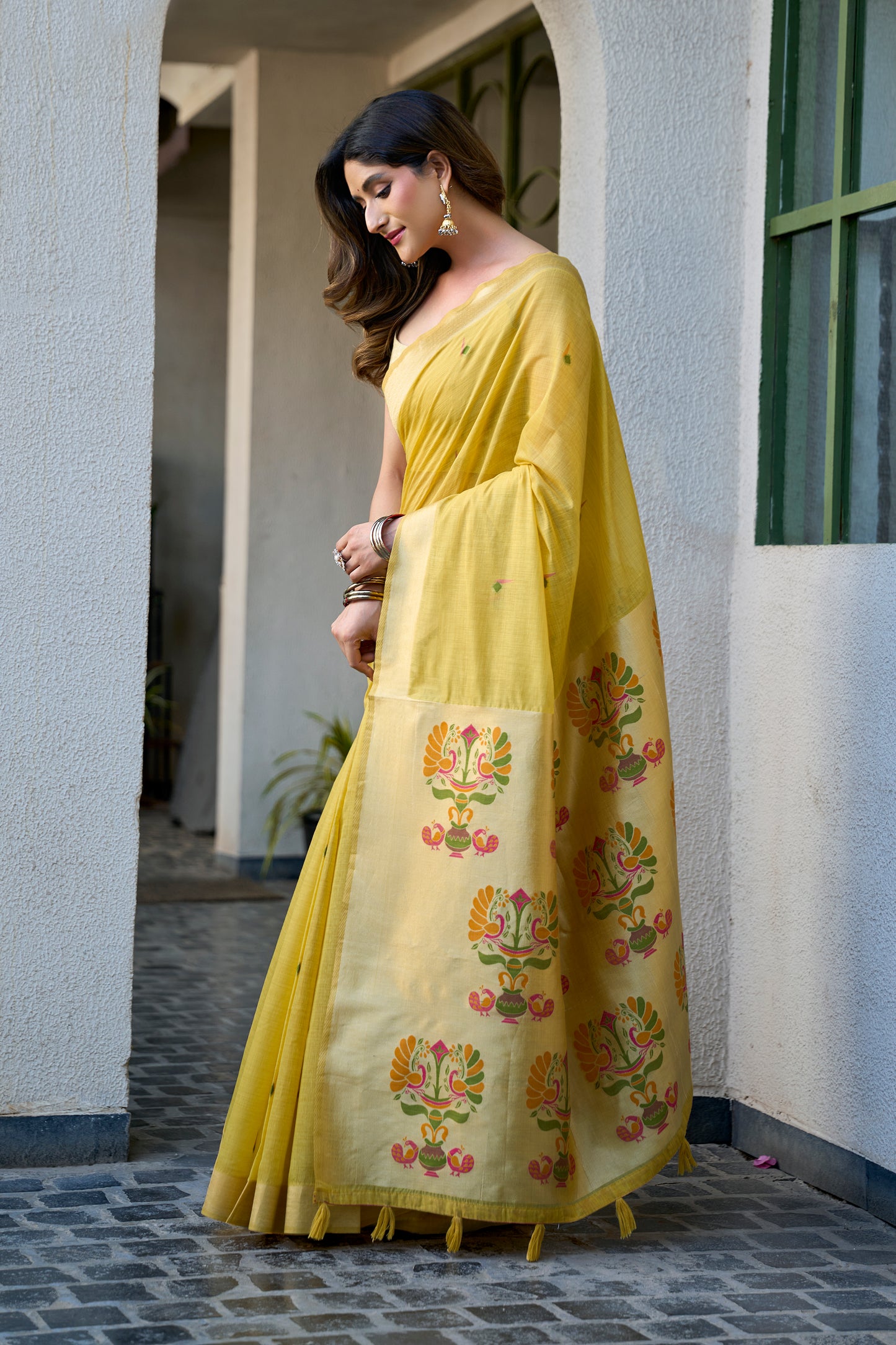 Mustard Yellow Linen Silk Saree with Kalamkari Peacock Pallu