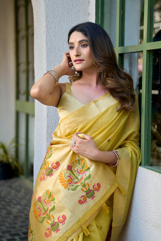 Mustard Yellow Linen Silk Saree with Kalamkari Peacock Pallu