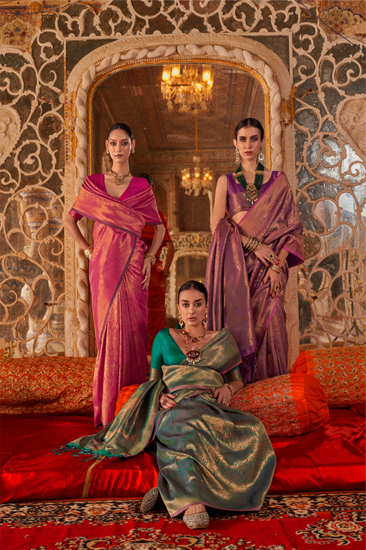 Elegant Olive Green Kanjivaram Silk Saree with Gold Zari Weaving
