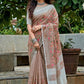 Beige Brown Linen Cotton Saree with Floral Embroidery Work