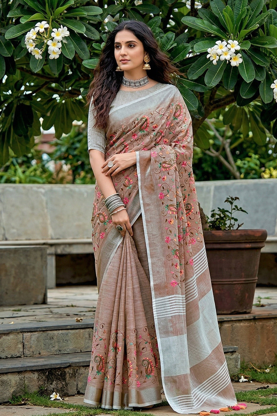 Beige Brown Linen Cotton Saree with Floral Embroidery Work