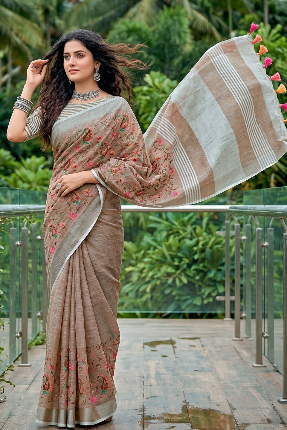 Beige Brown Linen Cotton Saree with Floral Embroidery Work