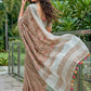 Beige Brown Linen Cotton Saree with Floral Embroidery Work