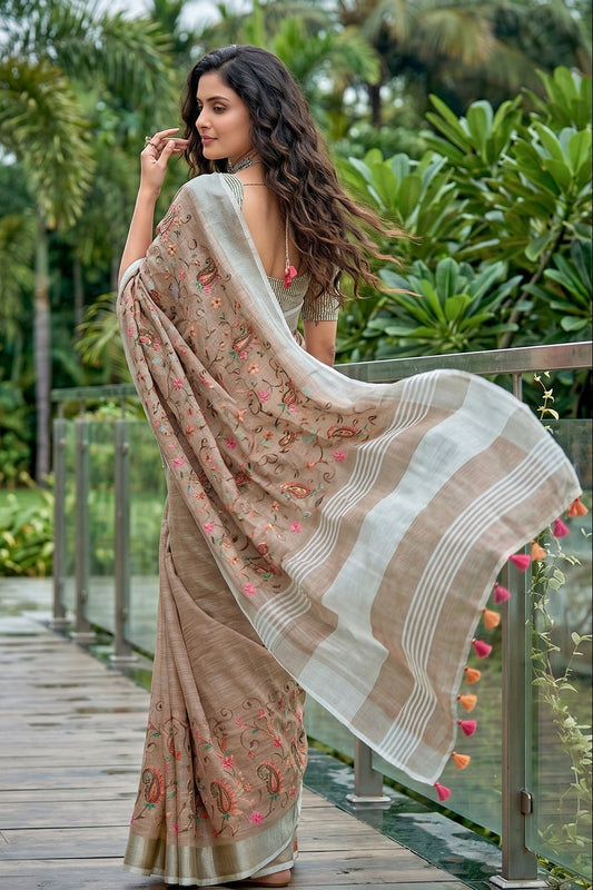 Beige Brown Linen Cotton Saree with Floral Embroidery Work
