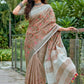Beige Brown Linen Cotton Saree with Floral Embroidery Work