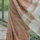 Beige Brown Linen Cotton Saree with Floral Embroidery Work