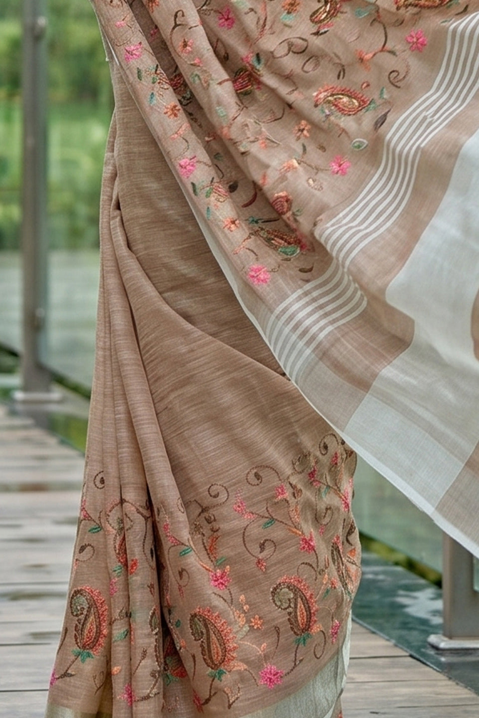 Beige Brown Linen Cotton Saree with Floral Embroidery Work