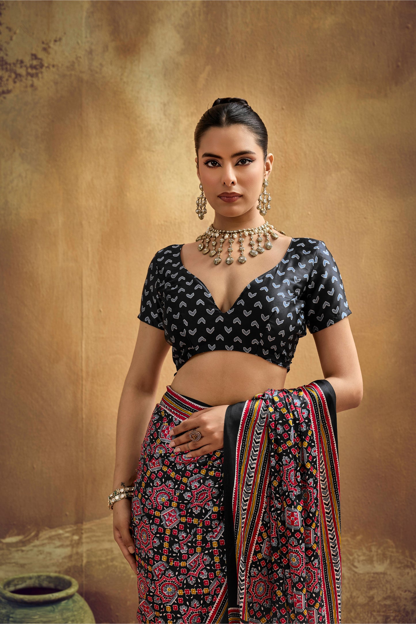 Black Printed Silk Saree with Ajrakh Motifs