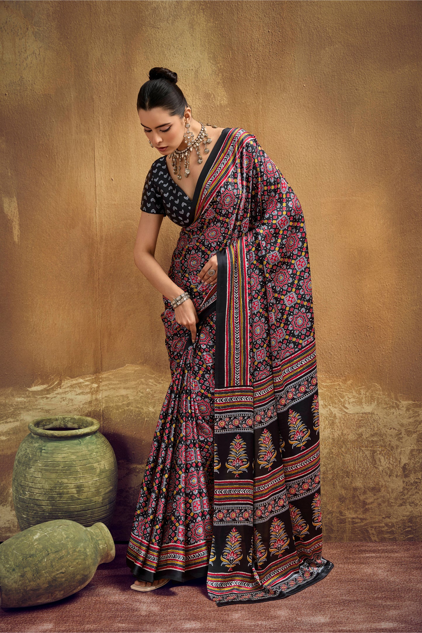 Black Printed Silk Saree with Ajrakh Motifs