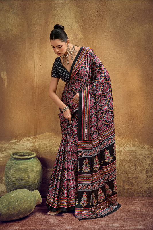 Black Printed Silk Saree with Ajrakh Motifs
