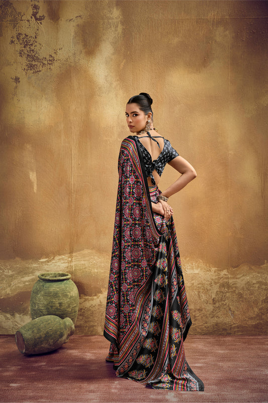 Black Printed Silk Saree with Ajrakh Motifs