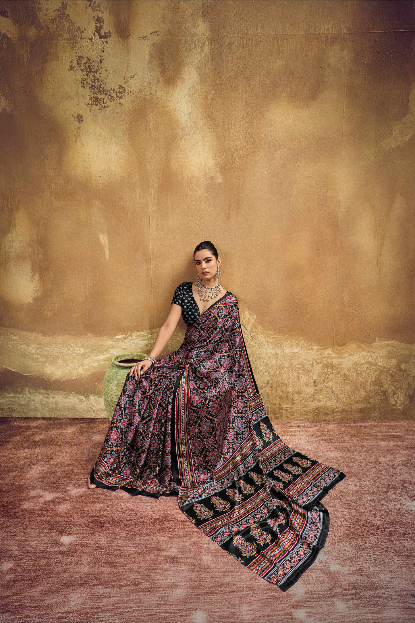 Black Printed Silk Saree with Ajrakh Motifs
