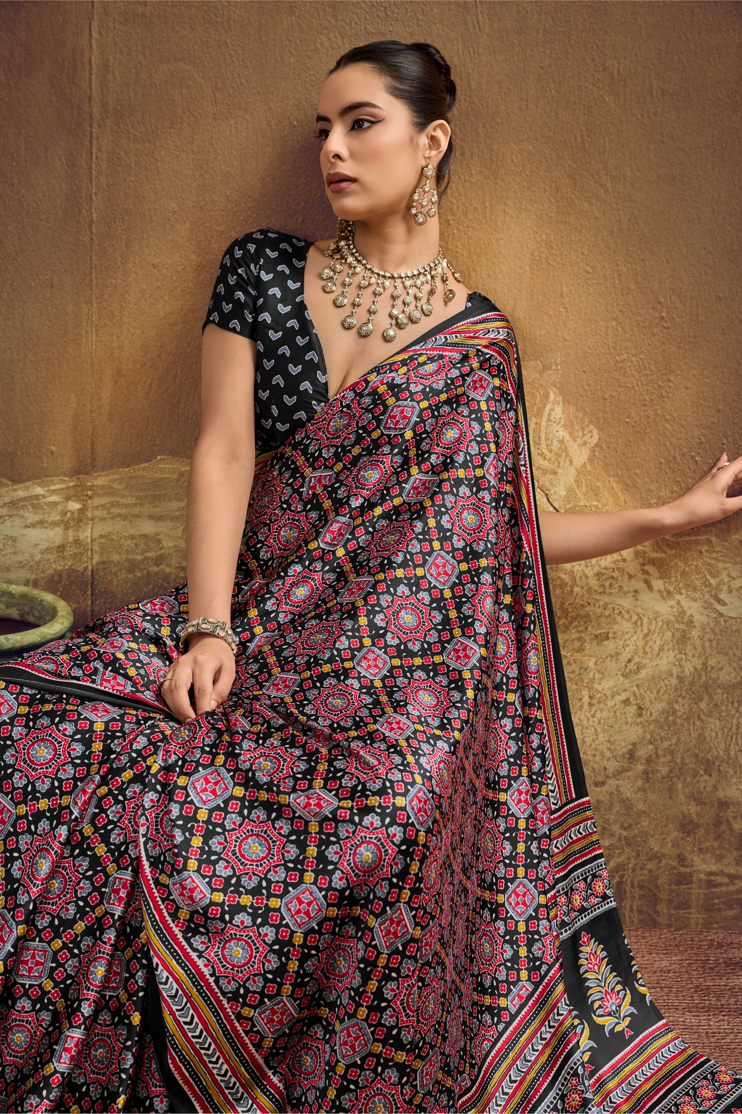 Black Printed Silk Saree with Ajrakh Motifs