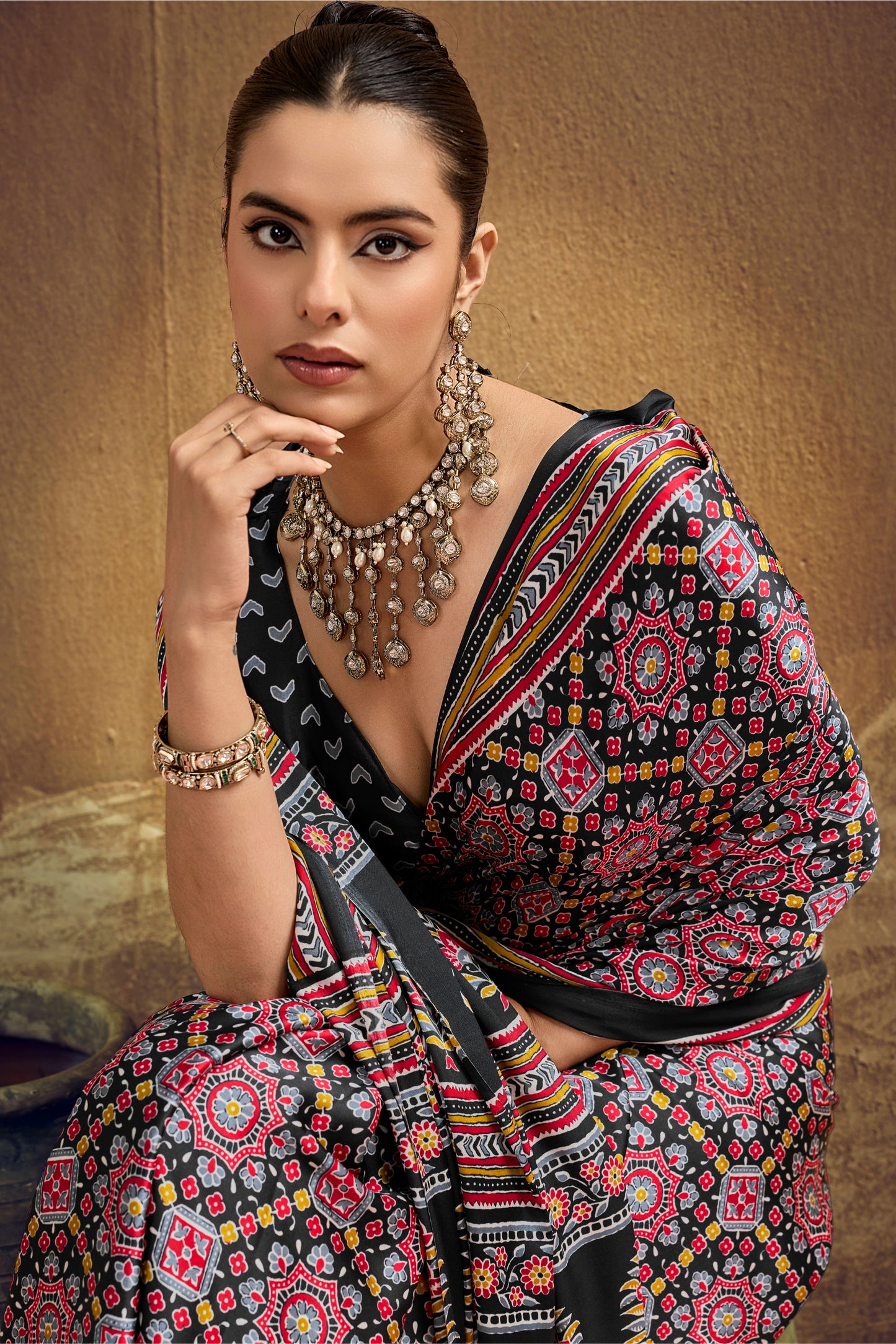 Black Printed Silk Saree with Ajrakh Motifs