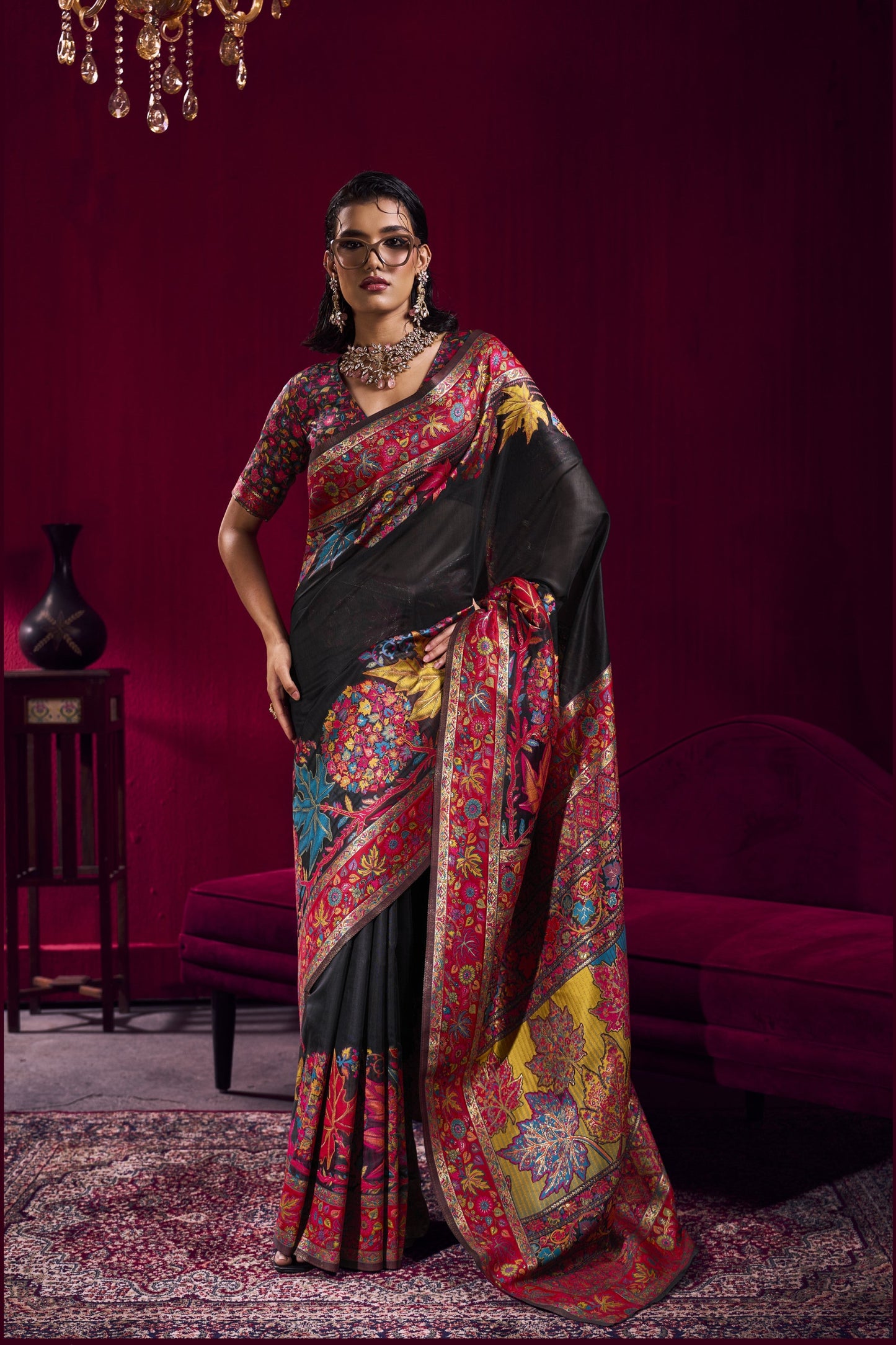 Black Silk Saree with Rich Multicolor Kashmiri Floral Border