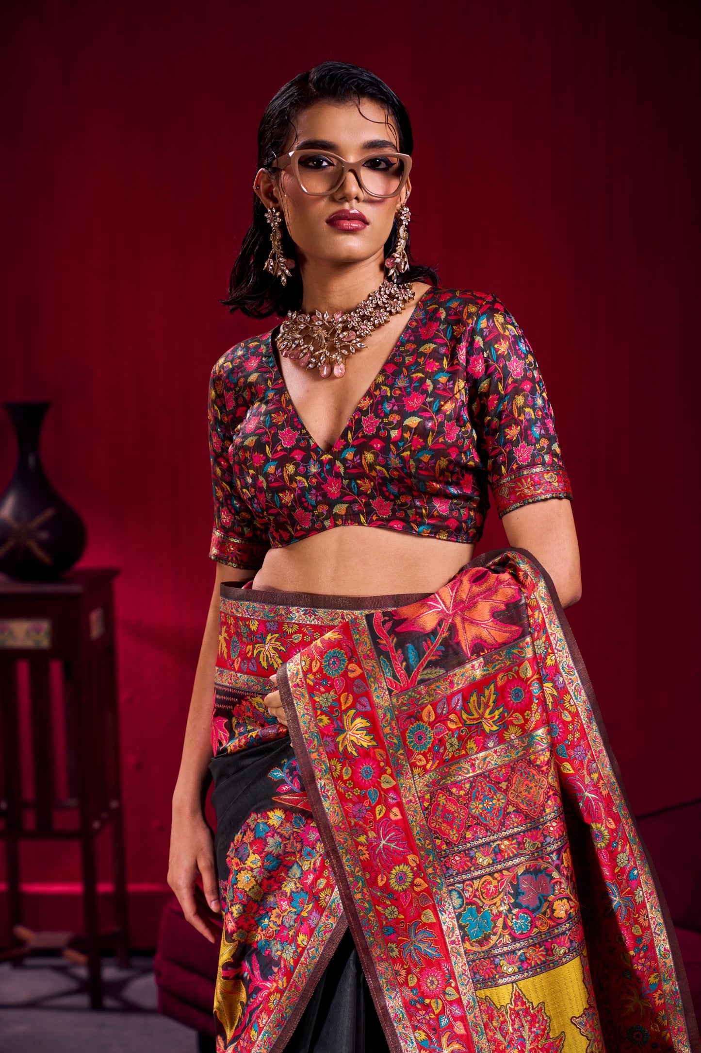 Black Silk Saree with Rich Multicolor Kashmiri Floral Border