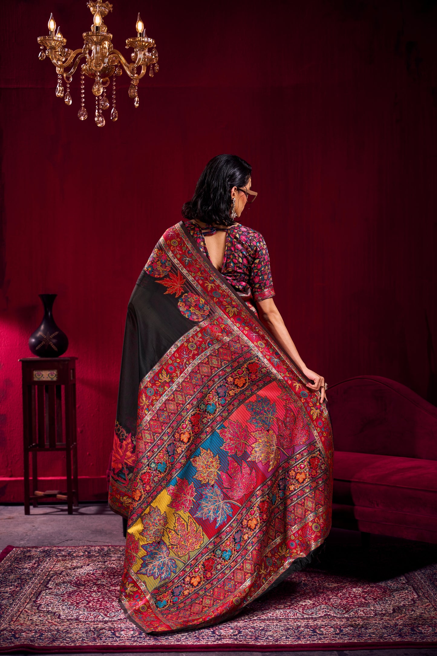 Black Silk Saree with Rich Multicolor Kashmiri Floral Border