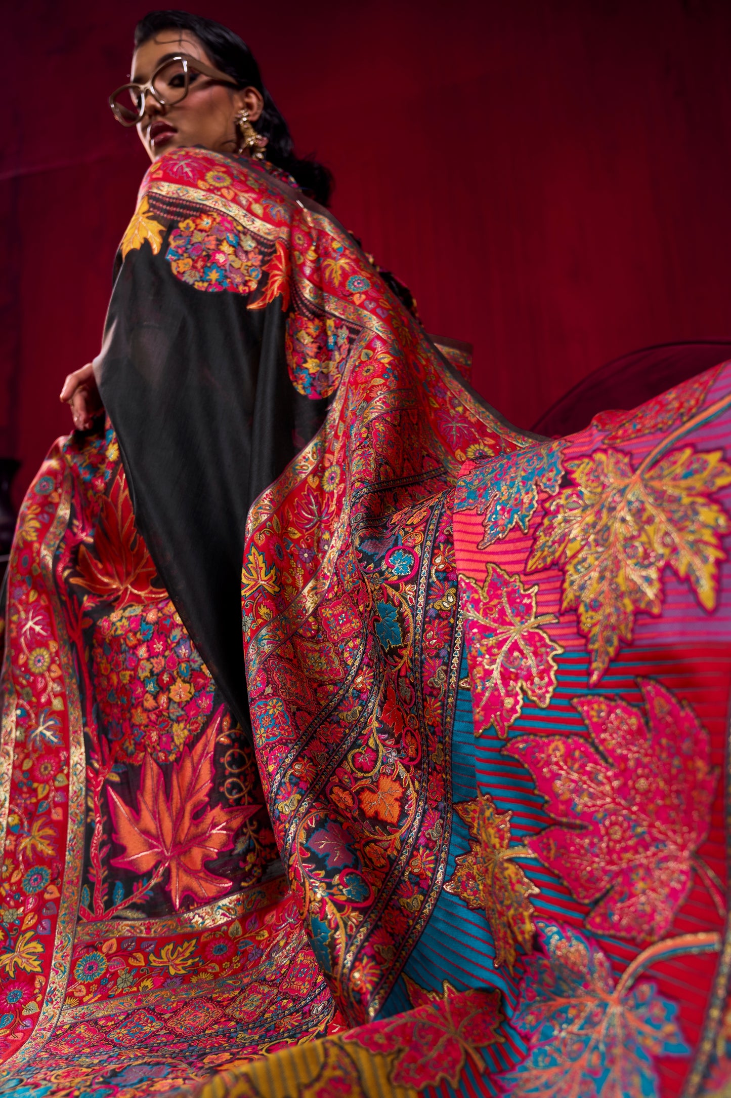 Black Silk Saree with Rich Multicolor Kashmiri Floral Border