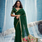 Bottle Green Linen Organza Saree with Floral Organza Pallu & Zari Border