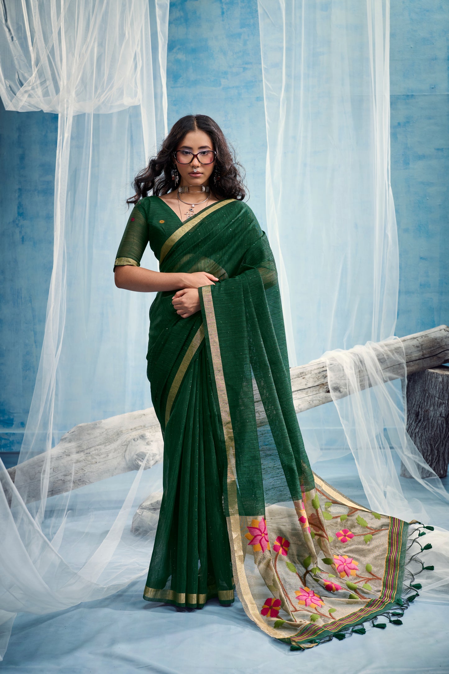 Bottle Green Linen Organza Saree with Floral Organza Pallu & Zari Border