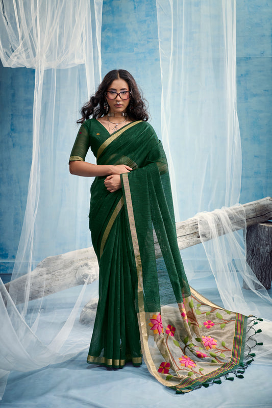 Bottle Green Linen Organza Saree with Floral Organza Pallu & Zari Border