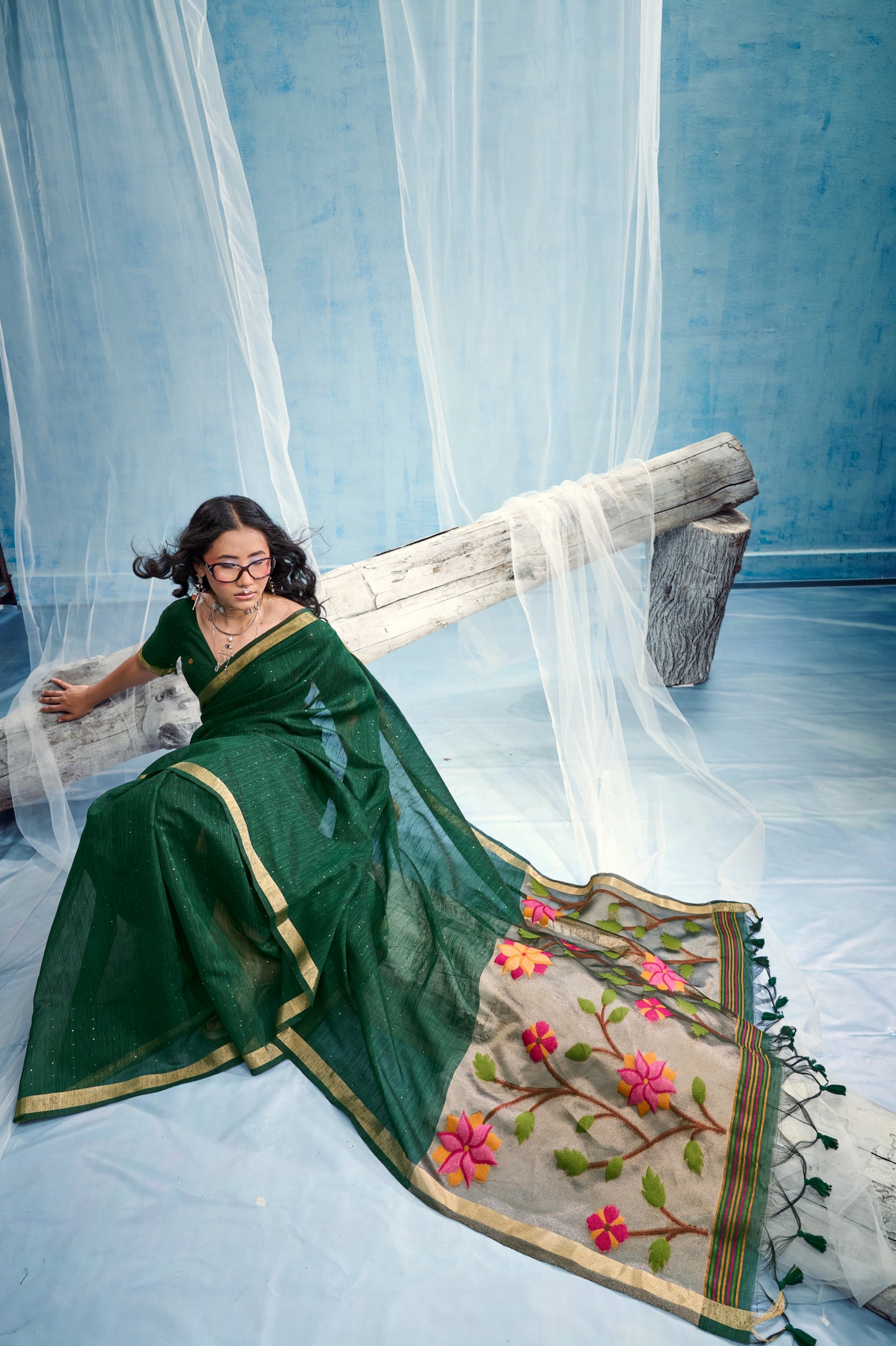 Bottle Green Linen Organza Saree with Floral Organza Pallu & Zari Border
