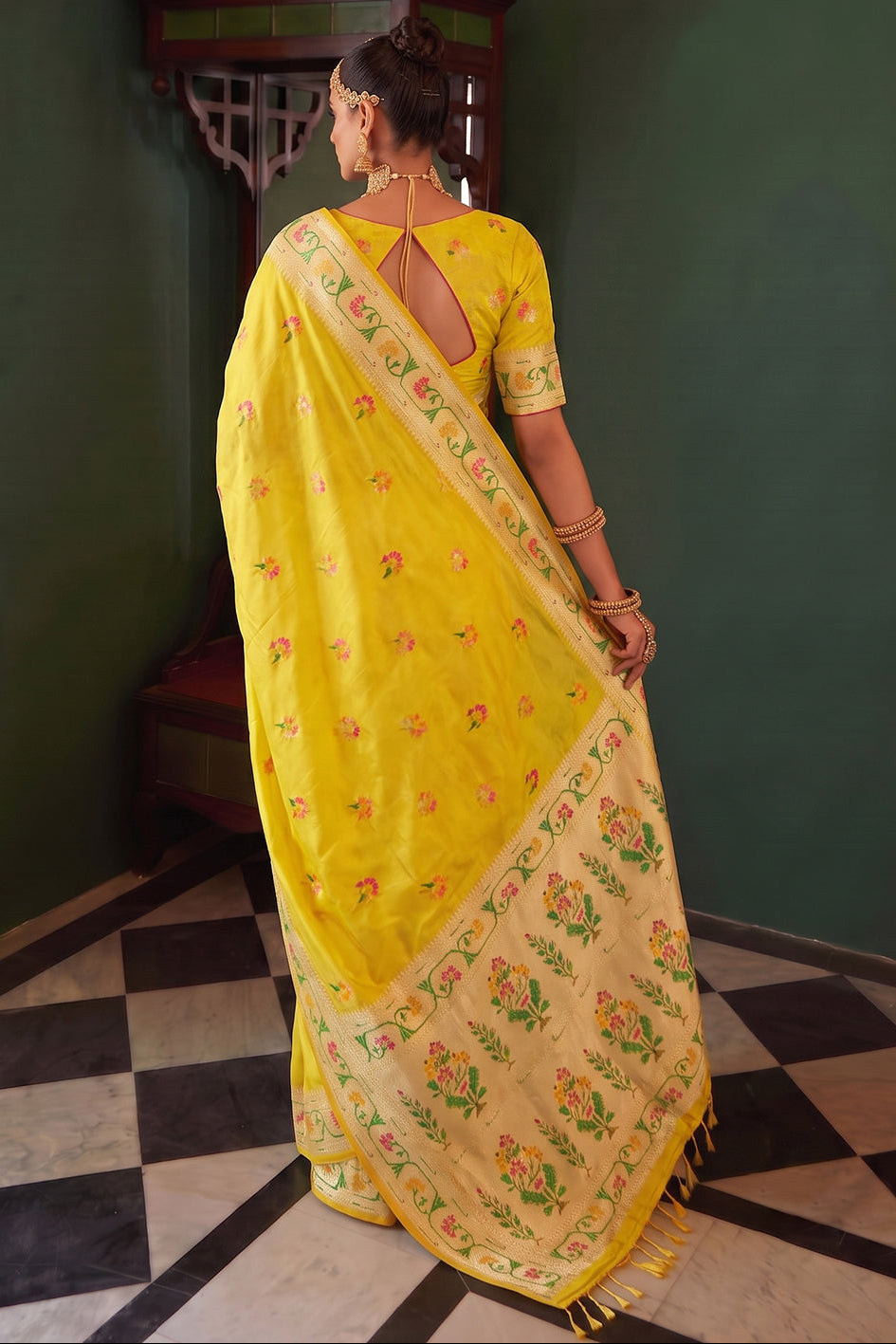 Bright Yellow Chanderi Organza Saree with Minakari Zari Border