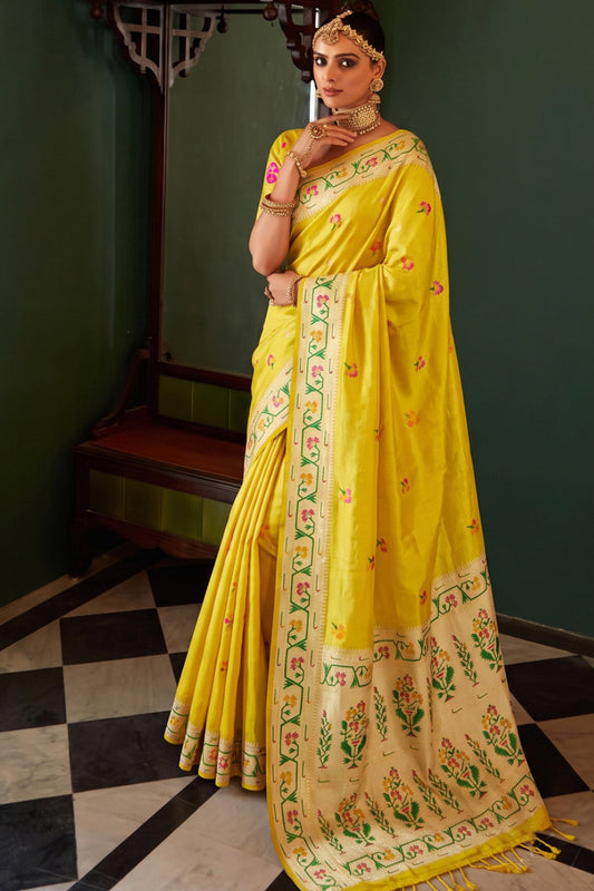 Bright Yellow Chanderi Organza Saree with Minakari Zari Border