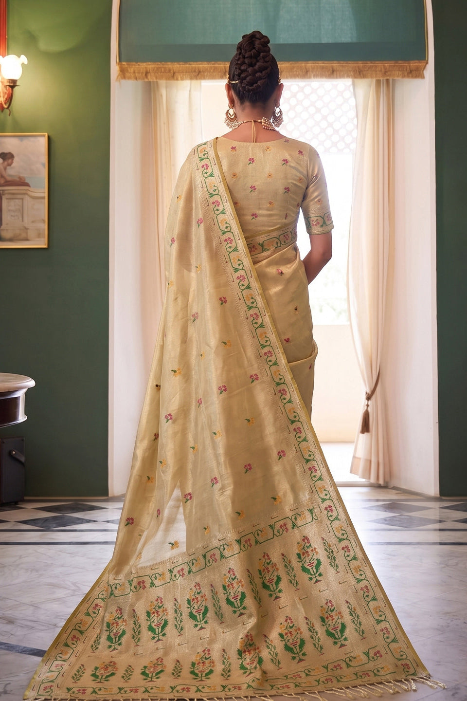 Cream Beige Chanderi Organza Saree with Minakar Zari Border