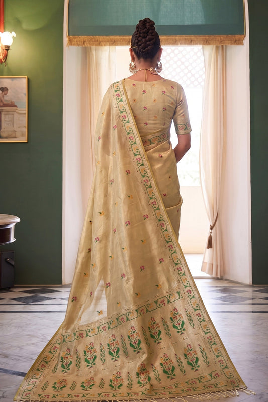 Cream Beige Chanderi Organza Saree with Minakar Zari Border