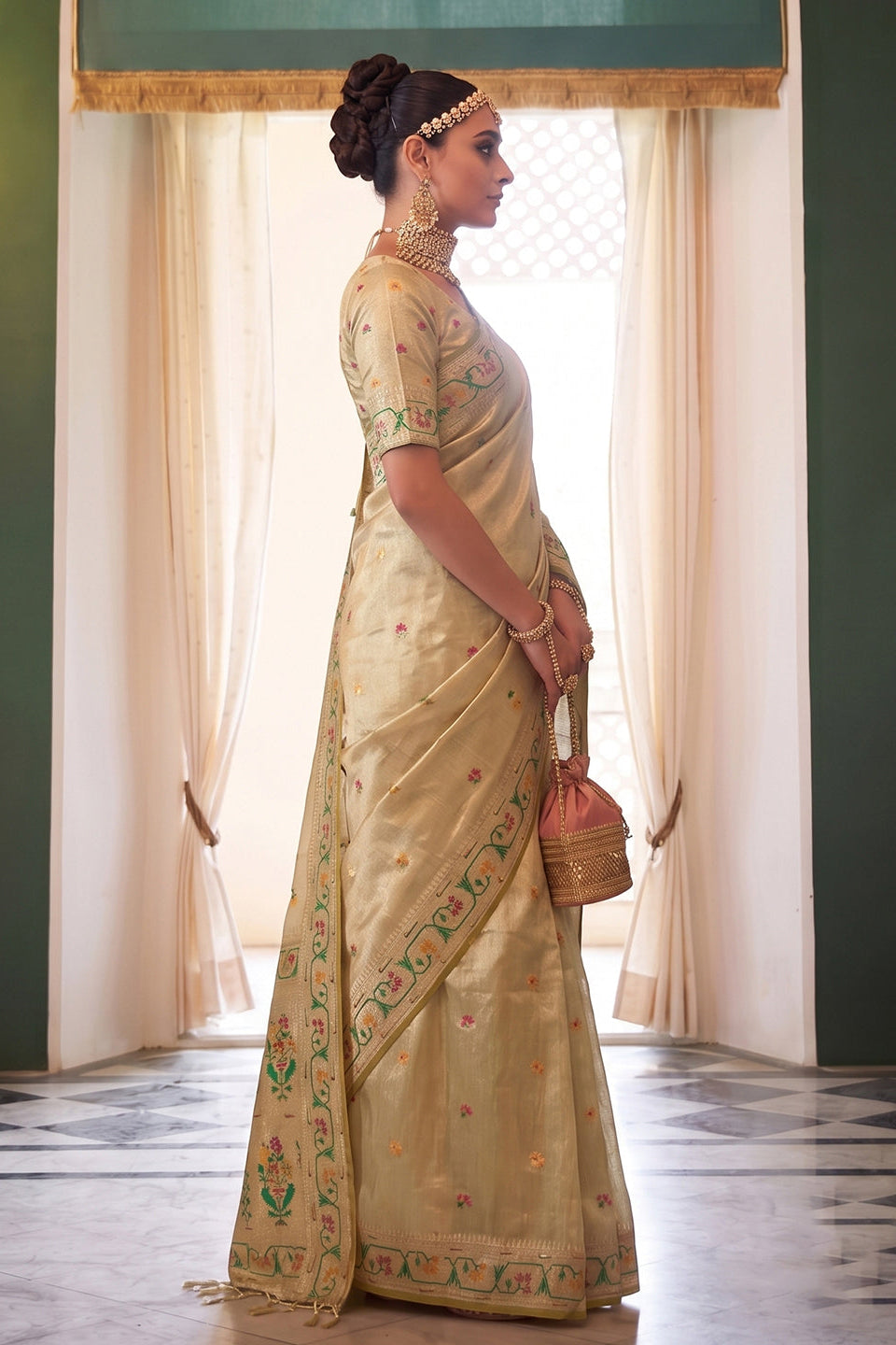 Cream Beige Chanderi Organza Saree with Minakar Zari Border