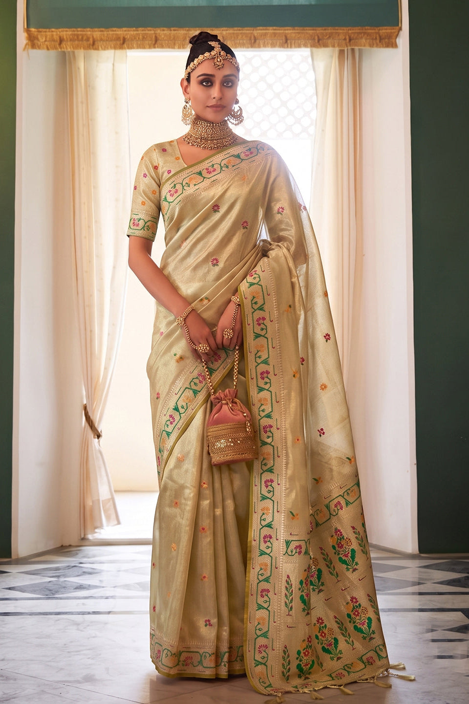 Cream Beige Chanderi Organza Saree with Minakar Zari Border