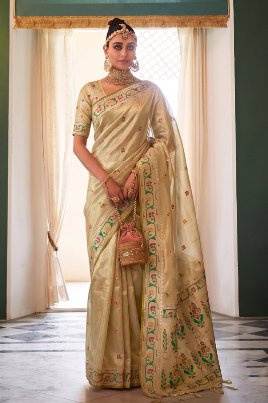 Cream Beige Chanderi Organza Saree with Minakar Zari Border