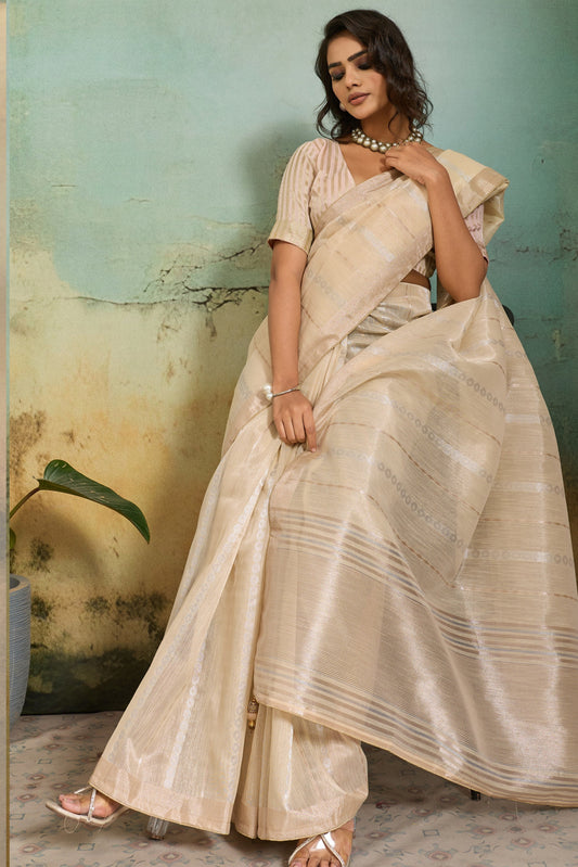 Cream Beige Organza Silk Saree with Subtle Zari Stripes