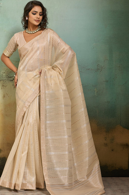 Cream Beige Organza Silk Saree with Subtle Zari Stripes