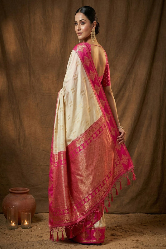 Cream Silk Saree with Pink Zari Border & Rich Pallu
