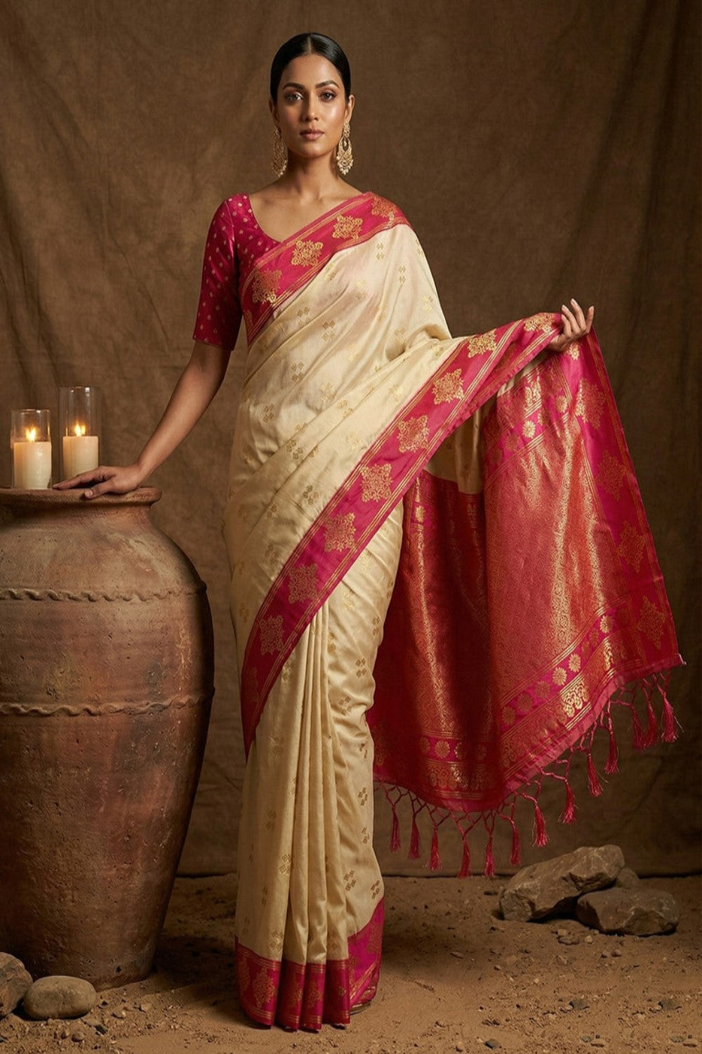 Cream Silk Saree with Pink Zari Border & Rich Pallu
