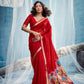 Crimson Red Linen Organza Saree with Subtle Butti & Zari Border