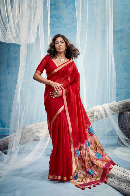 Crimson Red Linen Organza Saree with Subtle Butti & Zari Border