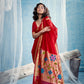 Crimson Red Linen Organza Saree with Subtle Butti & Zari Border