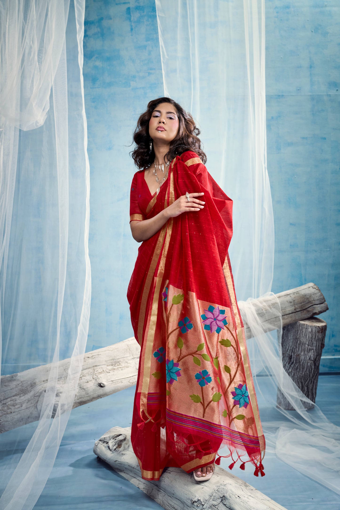 Crimson Red Linen Organza Saree with Subtle Butti & Zari Border