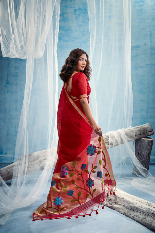 Crimson Red Linen Organza Saree with Subtle Butti & Zari Border