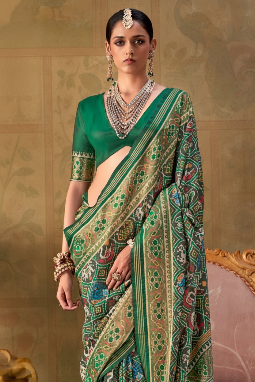 Dark Green Banarasi Silk Patola Saree with Rich Weave & Heritage Motifs