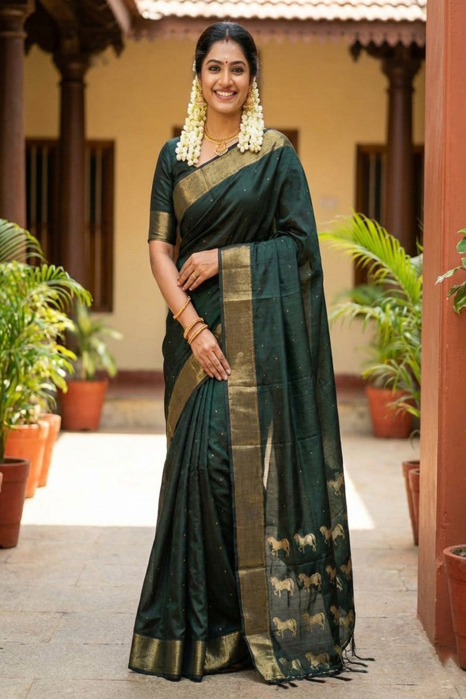 Dark Green Traditional Silk Saree for Women with Golden Zari Border